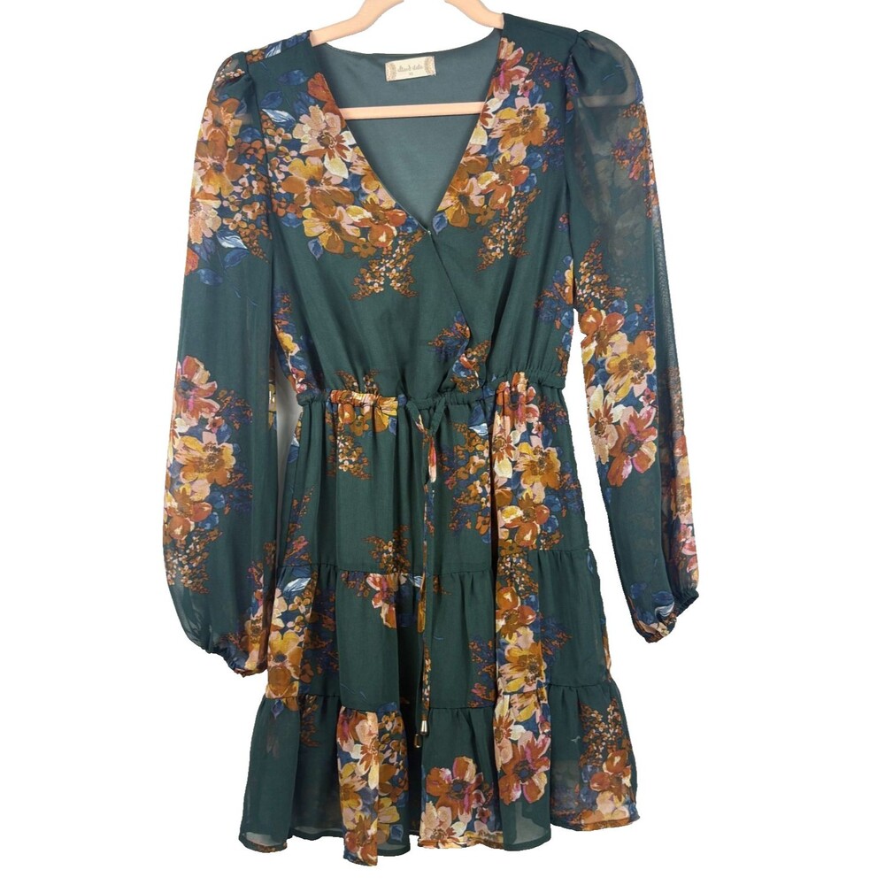 Altar'd State Green Floral Long Sleeve Mini Dress Tiered Boho Ruffle XS